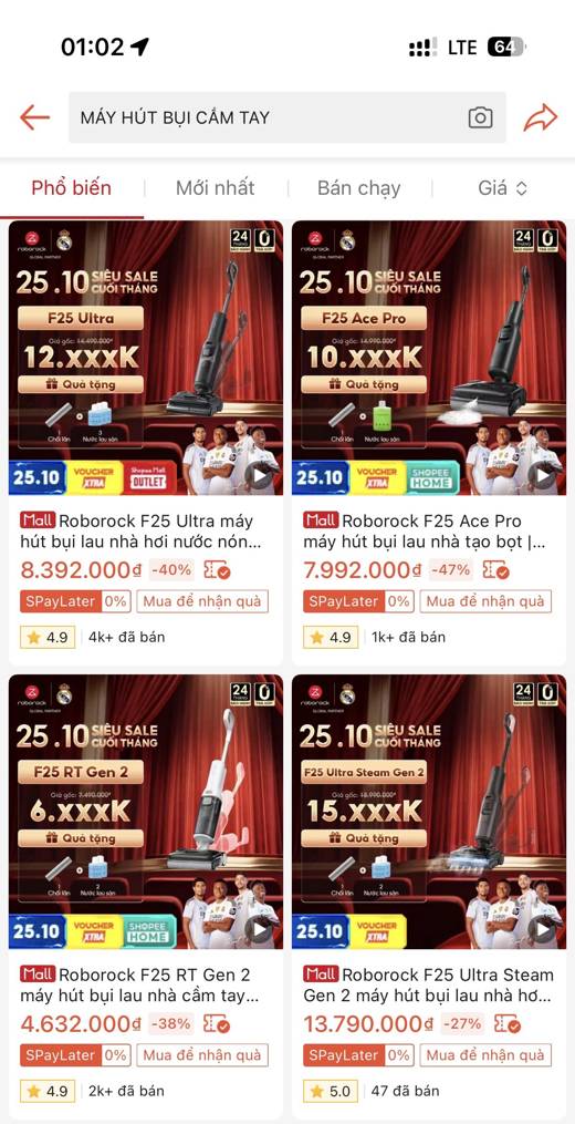 Shopee Roborock: F25 Ultra 4k+ · Ultra Steam Gen 2 13,79tr