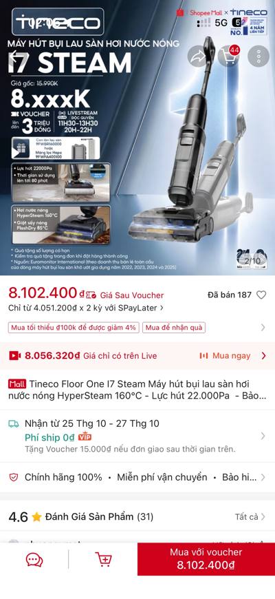 Tineco i7 Steam — 8.102.400đ (Live 8.056.320đ) · 187 đã bán