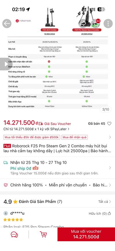 Roborock F25 Pro Steam Gen 2 Combo — 14.271.500đ · 45 đã bán (trong ảnh có bảng so sánh Combo của hãng)