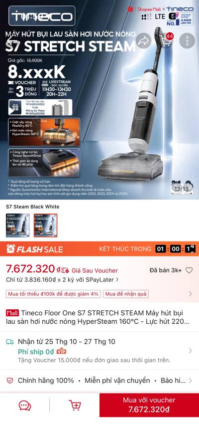Tineco S7 Stretch Steam — 7.672.320đ Flash Sale · 3k+ đã bán