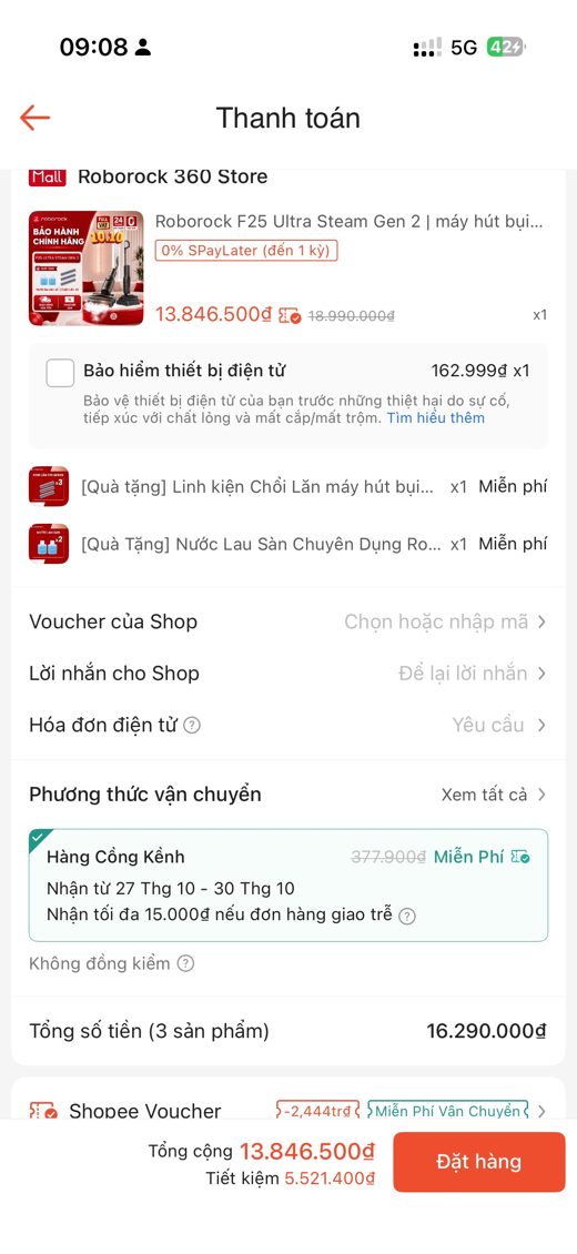 Checkout F25 Ultra Steam Gen 2 — trả 13.846.500đ (mã Shopee −2.443.500đ · ship 377.900đ → 0 · quà 3 chổi lăn + 2 nước lau sàn)