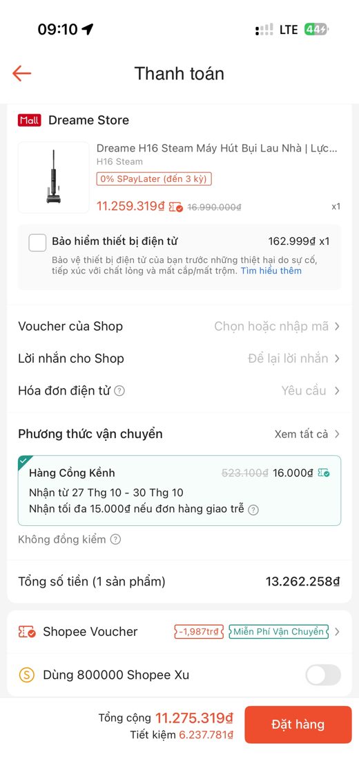 Checkout Dreame H16 Steam (phần dưới cùng đơn — tổng cộng & Shopee Voucher)